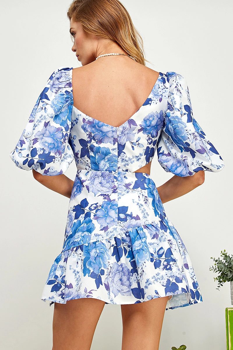 Floral Blue Cutout dress